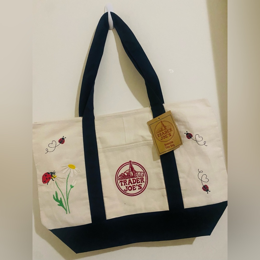 NWT Embroidered Trader Joe’s Canvas Tote | Boho Reusable Market Bag | Gift Idea